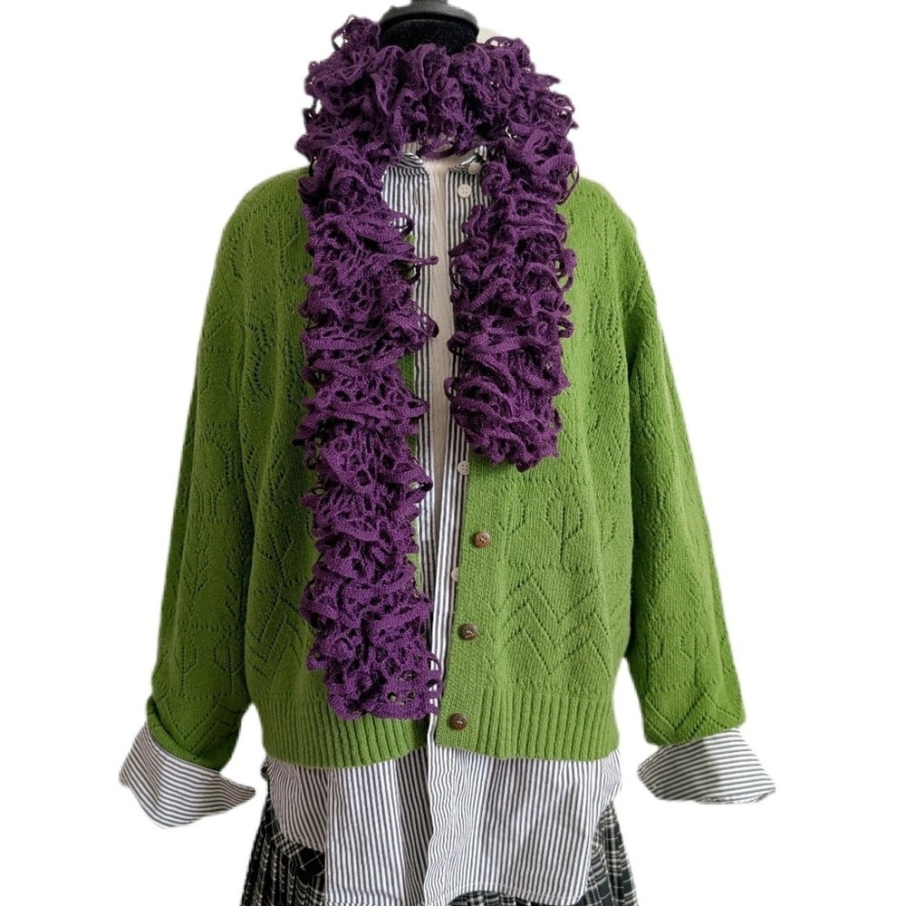 Handmade Y2K Whimsigoth Earthy Whimsy Royal Purple Crochet Ruffle Skinny Scarf